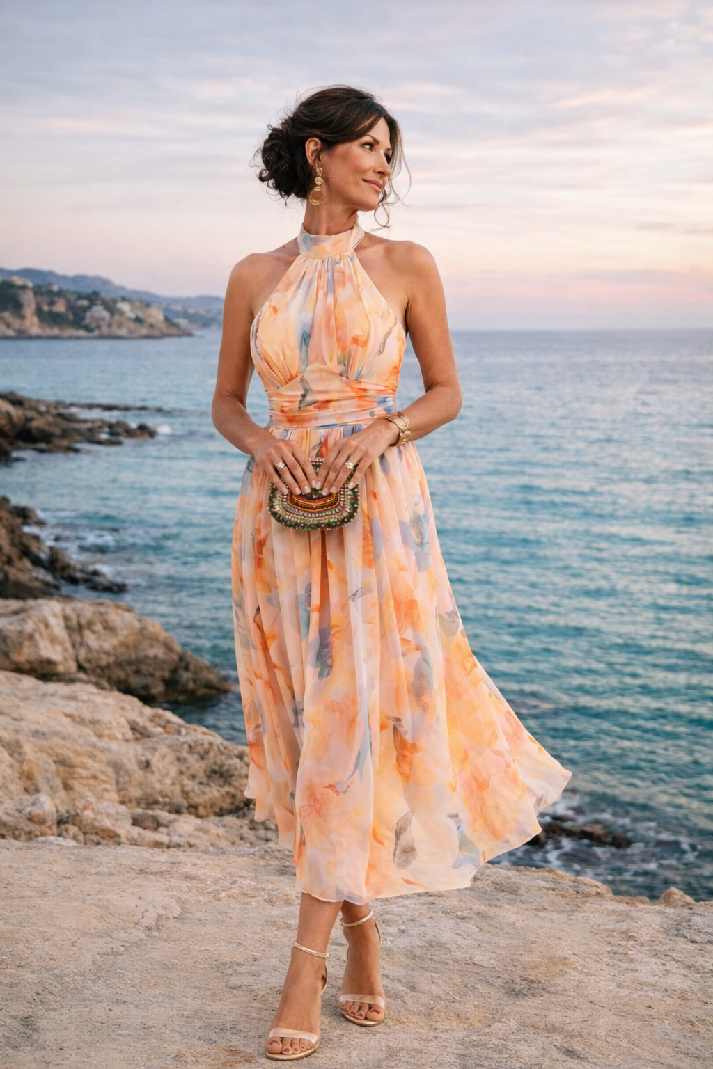 Aurora | Robe à décolleté halter et impression aquarelle
