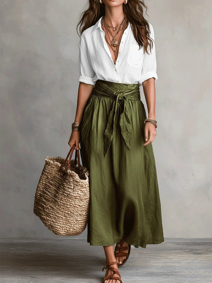 Vera™ | Ensemble de Deux Pièces : Haut Noir et Jupe Midi Verte Olive