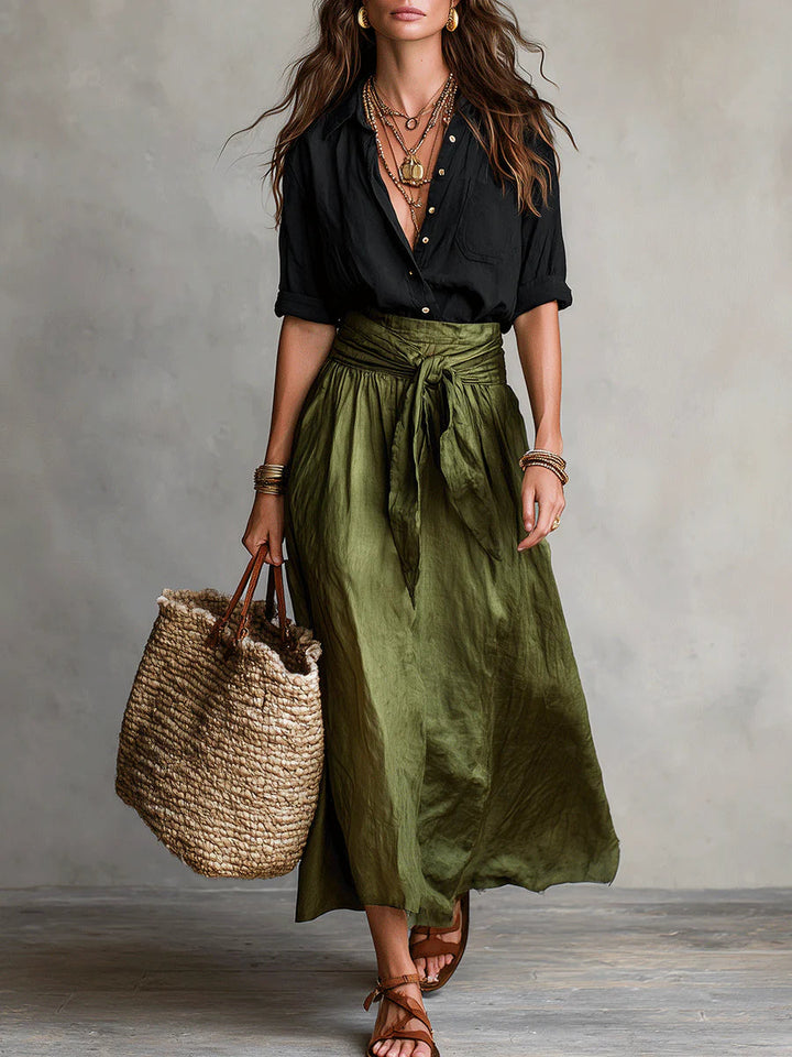 Vera™ | Ensemble de Deux Pièces : Haut Noir et Jupe Midi Verte Olive