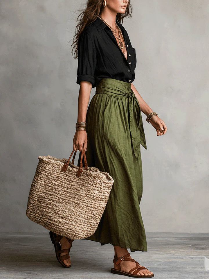 Vera™ | Ensemble de Deux Pièces : Haut Noir et Jupe Midi Verte Olive
