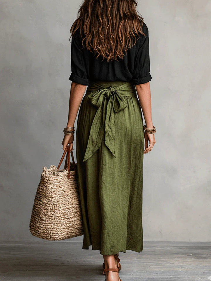 Vera™ | Ensemble de Deux Pièces : Haut Noir et Jupe Midi Verte Olive